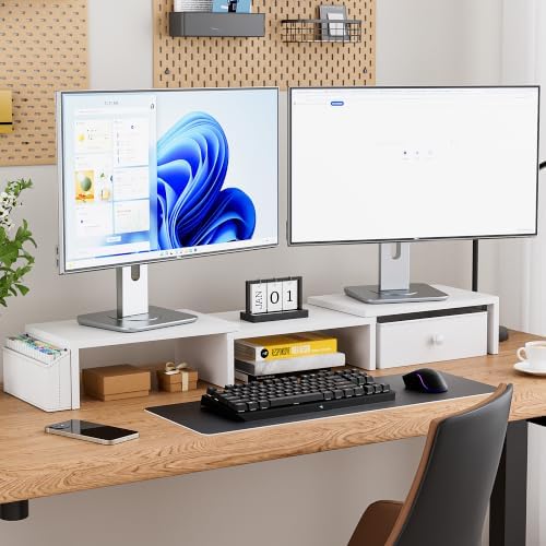 Dual Monitor Stand Riser, Adjustable Length & Swivel Angle Monitor Stand, Ergonomic Monitor Stand with Drawer & Side Pockets, Desktop Organizer and Office Desk Accessories, White - Image 2
