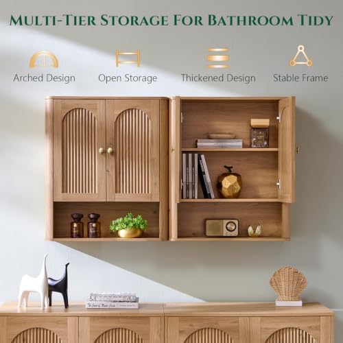 Bathroom Fluted Arched Wall Cabinet Set 2, 23.6''W Medicine Cabinet,Natural - Image 3