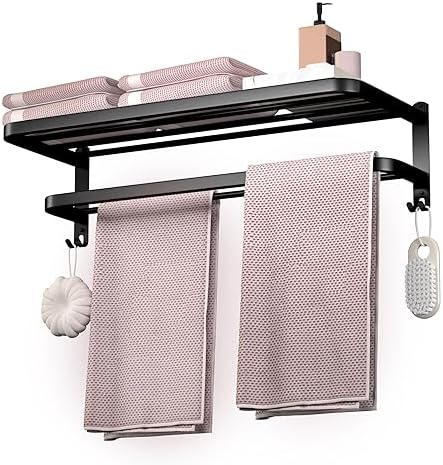 23 Inch Bathroom Towel Rack Towel Shelf with Double Towel Bars Lavatory Wall Mount Holder with Hooks Stainless Steel Hotel Bath Rack (Matte Black) by DDS-DUDES