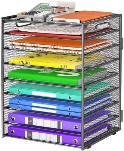 Cawukege 9 Tier Paper Organizer with Handle, Large Capacity Desk Organizer Mesh File Folder Letter Paper Tray Desktop Document Sorter for Classroom, School, and Office Accessories Organization - Grey by Cawukege