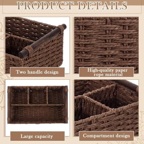 Remerry Brown Bathroom Countertop Organizer Caddy, Wicker-like Divided Basket with Handle and Metal Frame, 4 Compartment, Paper Rope Storage Organizer for Vanity Kitchen (15.35 x 10.24 x 6.3 in) - Image 3