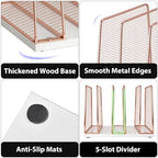 LEKETREE Rose Gold Desk File Organizer, 5-Section Upright File Sorter, Vertical File Folder Holder, Mesh Metal Wood Office Desktop Organization for Document, Magazine, Books and more (Rose Gold) - Image 5