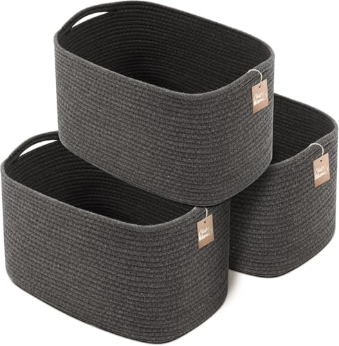 CHAT BLANC Cotton Rope Baskets for Organizing, Shelves, Toys, Storage, Shoe, Bathroom, Laundry, Towel, Nursery, Home Decor, Blanket, Cloth Woven Bins Fabric (Graphite, 15"x10"x9") by CHATBLANC