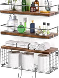 3+3 16.1in Bathroom Shelves Wall Mounted Over Toilet with Toilet Paper Storage Basket & Hooks, Hanging Floating Shelves Bathroom for Wall Room Decor, Bathroom Organizers and Storage Brown by Unknown