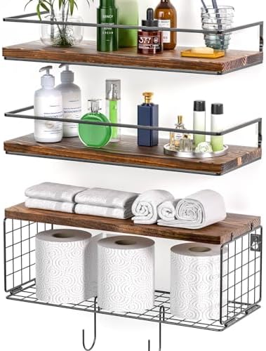 3+3 16.1in Bathroom Shelves Wall Mounted Over Toilet with Toilet Paper Storage Basket & Hooks, Hanging Floating Shelves Bathroom for Wall Room Decor, Bathroom Organizers and Storage Brown by Unknown