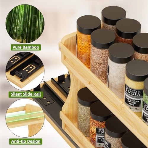 BAMEOS Pull Out Spice Rack Organizer for Cabinet, Bamboo Wide 4.2" Slide Out Seasoning Organizer for Kitchen, No Drill Anti-Tip Ball Bearing Silent Glides, Pantry Cabinet Organizer,Natural - Image 4