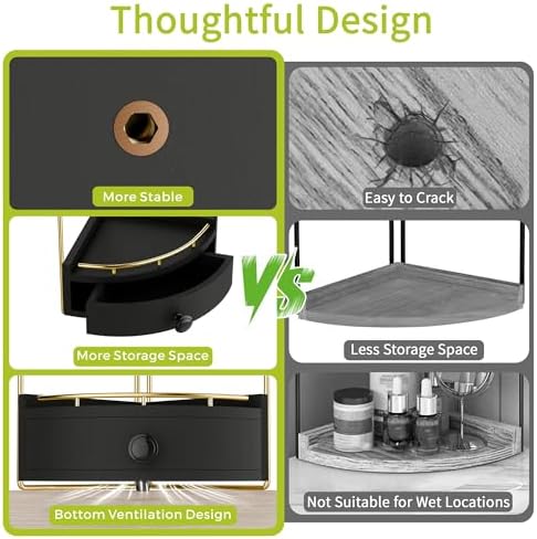 2-Tier Corner Bathroom Counter Organizer with Drawer, Black Gold - Image 6