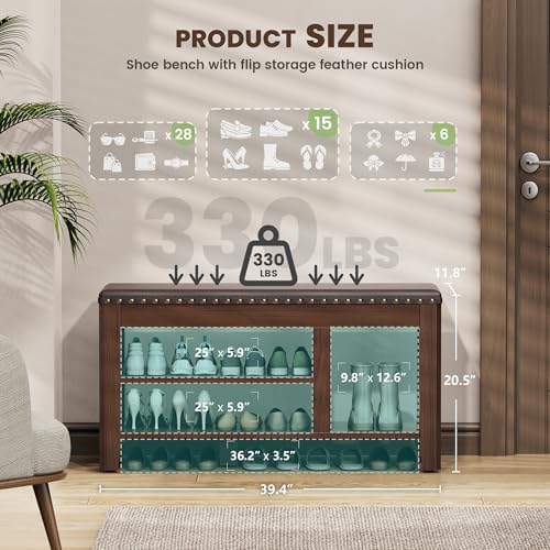 Shoe Bench for Entryway, Solid Rubberwood Shoe Bench with Hidden Storage, Adjustable 2-Tier Shelves & Soft PU Leather Seat, Shoe Rack Durable Easy Assembly for Hallway or Bedroom - Brown, 39.4" - Image 3