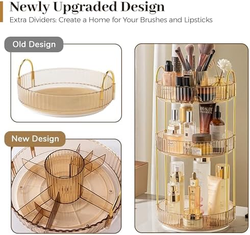 Aveniee 360° Rotating Makeup Organizer for Vanity, Upagraded Perfume Skincare Bathroom Counter Organizers with Brush Divider, 3 Tier Spinning Lipstick Cosmetic Lotion Storage,Gold - Image 2