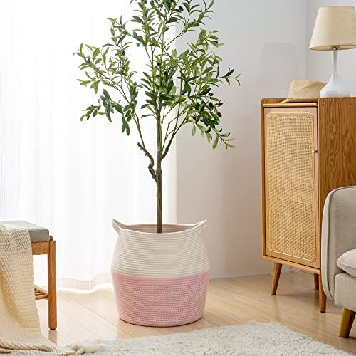 KAKAMAY Woven Baskets for Storage(17"x17"),Large Cotton Rope Woven Baby Laundry Hamper,Collapsible Laundry Basket, Blanket Basket for Organizing Living Room,Nursery,Pillows,Toy Chest(Pink) - Image 4