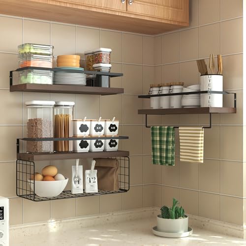 Wood Floating Shelves Wall Mounted - 3+1 Tier Rustic Bathroom Shelves Over Toilet with Wire Storage Basket &Towel Bar, Set of 3 Farmhouse Floating Shelf for Bathroom,Kitchen,Bedroom,Dark Brown. - Image 4