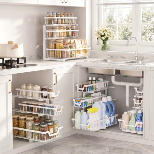 Under Sink Organizer, 2-Pack 3-Tier Height Adjustable Thickened Metal Pull out Cabinet Organizer Shelf, Slide out Storage Drawer Rack for Bathroom Kitchen Pantry Home Laundry Organization (White) - Image 5