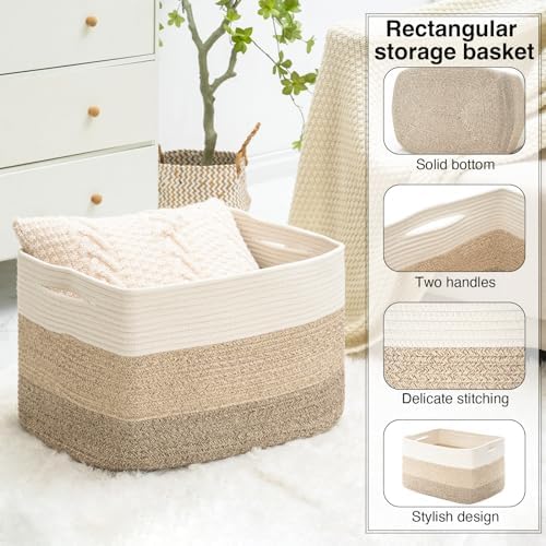 ICERZCZ Large Rectangle Blanket Basket, Large Storage Basket for Organizing, Cotton Rope Woven Basket for Storage with Handles, Baby Nursery Living Room Bedroom, 22”x17”x12”, 75L - Image 5