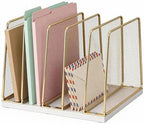 LEKETREE Gold Desk File Organizer, 5-Section Upright File Sorter, Vertical File Folder Holder, Mesh Metal Wood Office Desk Organizer for Document, Magazine, Books and more (White and Gold) by Stylishworkspaceeffortlessorganization