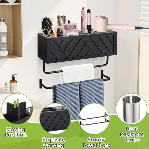 Hair Tool Organizer Wall Mount With 2 Towel Bars, Wood Hot Tools Holder, Rustic Bathroom Blow Dryer Holder For Decor, Flat Iron, Curling Wand, Brushes (Black) - Image 6