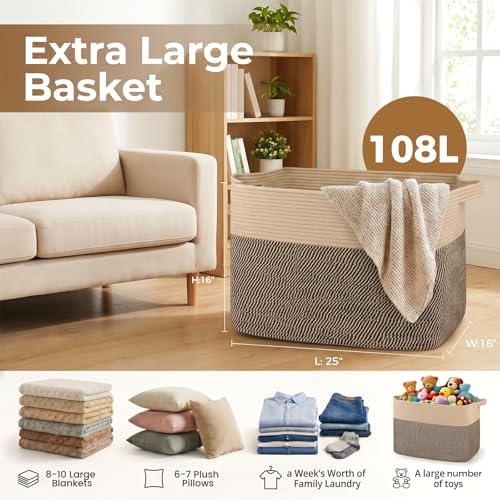 OIASKET 108L Cotton Rope Storage Basket for Living Room and Bedroom 25"x16"x16" Woven Laundry Basket, Heavy Duty Bin for Blankets, Pillows & Toys, Pet-Safe & Scratch-Free, Brown and Black - Image 2
