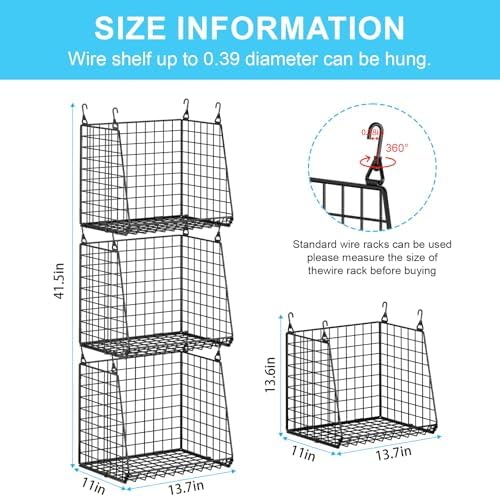 3-Pack Extra-Tall 13.6'' Hanging Laundry Basket Organizer, Foldable Wire Shelf with 360° Rotating Hooks & Reinforced Height - Durable Space-Saving Laundry Room & Closet Organizer, Black Patent - Image 7