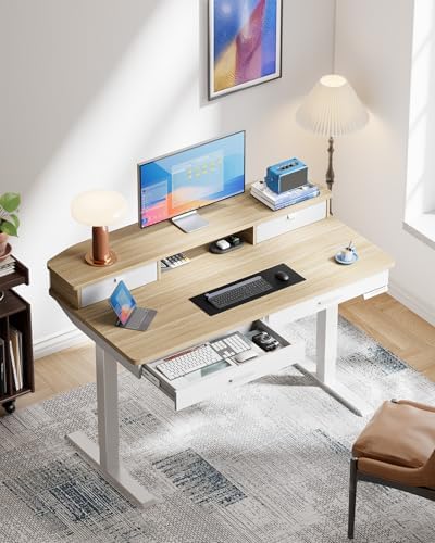 HUANUO 48 x 30 inch Electric Standing Desk with 2 Wood Drawers, Adjustable Height Sit Stand Desk for Home Office, Ergonomic Stand up Desk with 4 Memory Presets, 176 lbs Capacity, Natural Top - Image 2