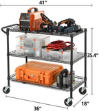 Finnhomy 3 Tier Heavy Duty Commercial Grade Utility Cart, Wire Rolling Cart with Handle Bar, Steel Service Cart with Wheels, Kitchen Carts on Wheels, Metal Cart Shelf Size 18" D x 36" W, NSF, Black - Image 2
