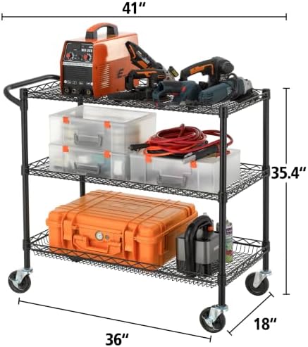 Finnhomy 3 Tier Heavy Duty Commercial Grade Utility Cart, Wire Rolling Cart with Handle Bar, Steel Service Cart with Wheels, Kitchen Carts on Wheels, Metal Cart Shelf Size 18" D x 36" W, NSF, Black - Image 2