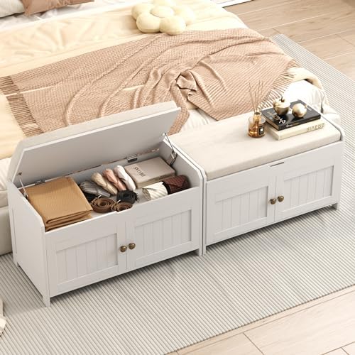 HOMEFORT 30" Shoe Bench with Lift Top Storage, Entryway Bench with Cushioned Seat, Wooden End of Bed Bench, Shoe Cabinet Bench with Hidden Storage Space, for Bedroom, Hallway,White - Image 2