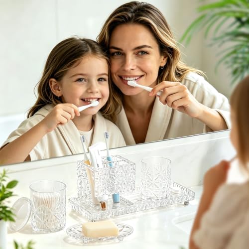 5-Piece Bathroom Accessories Set, Glass Soap Dispenser & Vanity Containers with Acrylic Toothbrush Holder and Tray - Image 5
