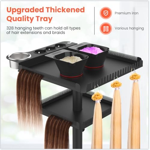 TASALON Professional Hair Extensions Organizer Cart Metal Salon Tray Cart with 2 Magnetic Bowls, Hair Dryer Holder, Adjustable Rolling Base, Black - Image 3