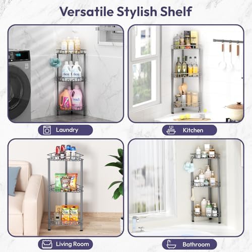 SWTYMIKI Standing Shower Caddy Corner - 3‑Tier Stainless Steel Shower Organizer Shelf with 12 Hooks and Adhesive Pads, Rustproof Corner Shelves Stand Rack for Bathroom Shower Room, Gray - Image 6