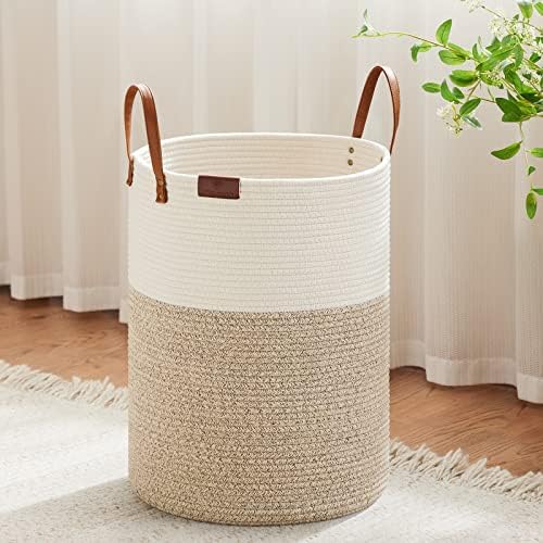 VIPOSCO 53L Tall Woven Rope Laundry Hamper, Leather Handles, White & Brown by VIPOSCO