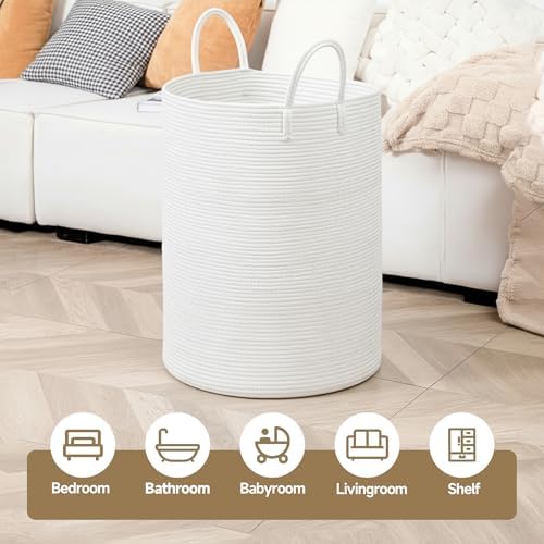 CLHMILY&Z Laundry Hamper Round Storage Rope Basket in Living Room, Bedroom, Laundry Room for Toy, Clothes, Blanket, Pillow (White, 80L) - Image 2