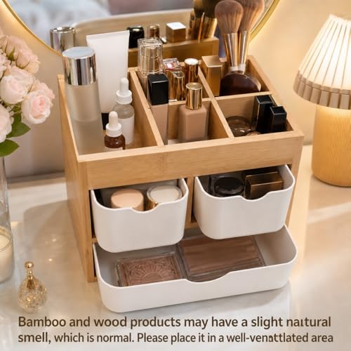 Bamboo 3-Drawer Makeup Organizer, Mortise & Tenon Vanity Box Desk Organizer - Image 6