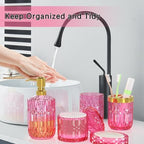 Hot-Pink Glass Bathroom Accessories Set 5 Pcs, Hot-Pink Bathroom Set, Soap Dispenser and Toothbrush Holder Set, Qtip Holder Set, Vintage Bathroom Sink Set, Cute Bathroom Decor - Image 4