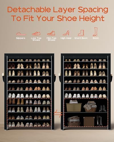 CASAMAYA Shoe Rack with Covers, 10 Tiers Tall Shoe Rack Organizer, Large Capacity Shoe Shelf Storage, Hold 50 Pairs of Shoes, Vertical Shoe Storage Organizer for Closet, Entryway, Black, SRT105B01 - Image 4