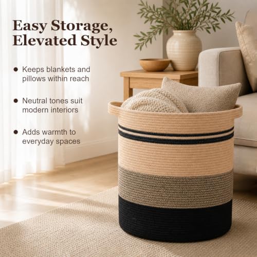 OIAHOMY 80L Laundry Baskets-Laundry Hamper,Storage Basket with Handles,Decorative Basket for Living room,Woven Storage Basket for Toys Bin,Pillows, Blankets,Clothes-20x18in-Yellow Black - Image 3