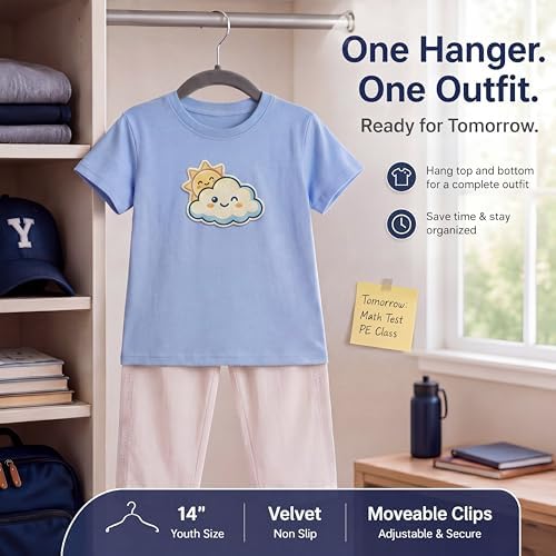 Vesici 14 Inch 15 + 30 Pcs Extra Large Kids Velvet Hangers with Movable Clips, Non Slip Felt Clothes Hangers for Kids and Preteens, Heavy Duty and Space Saving for Pants, Skirts, Coat, Gray - Image 3