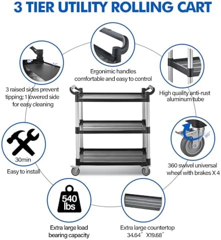 Utility Rolling Carts with Wheels, Large Plastic Service Carts, Heavy Duty Restaurant Cart with 4 Brake Lockable Wheels for Kitchen/Office/Warehouse (3 Tier-40.1×19.7×38.1inches/540lbs) - Image 2