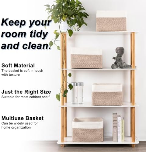 4 Pack Storage Baskets for Organizing, Woven Baskets for Shelves - Perfect for Toys, Books, Towels, and Clothes, Durable Gift Basket Bins Toy Storage, 12.7''Lx9''Wx7.8''H, Brown & White - Image 2