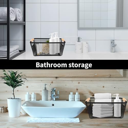 2 Pack 12" Wide Metal Mesh Baskets with Bamboo Handles for Pantry Organization | Wire Storage Bins for Kitchen, Cabinet, Fruit & Snacks | Decorative Farmhouse Style Organizer - Image 7