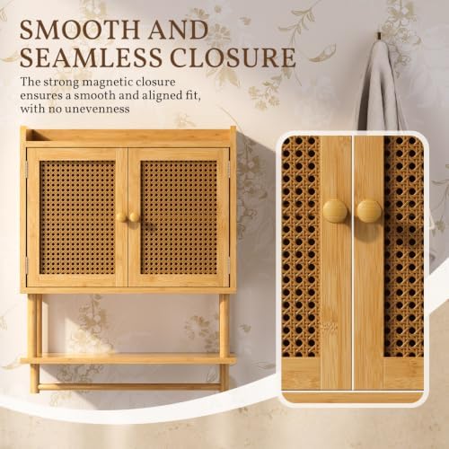 AmazerBath Bathroom Wall Cabinets, Bamboo Medicine Cabinet with Rattan Door, Large Over The Toilet Storage Cabinet with Towel Bar, Wall Mounted Cabinet with Adjustable Shelves for Small Spaces - Image 6