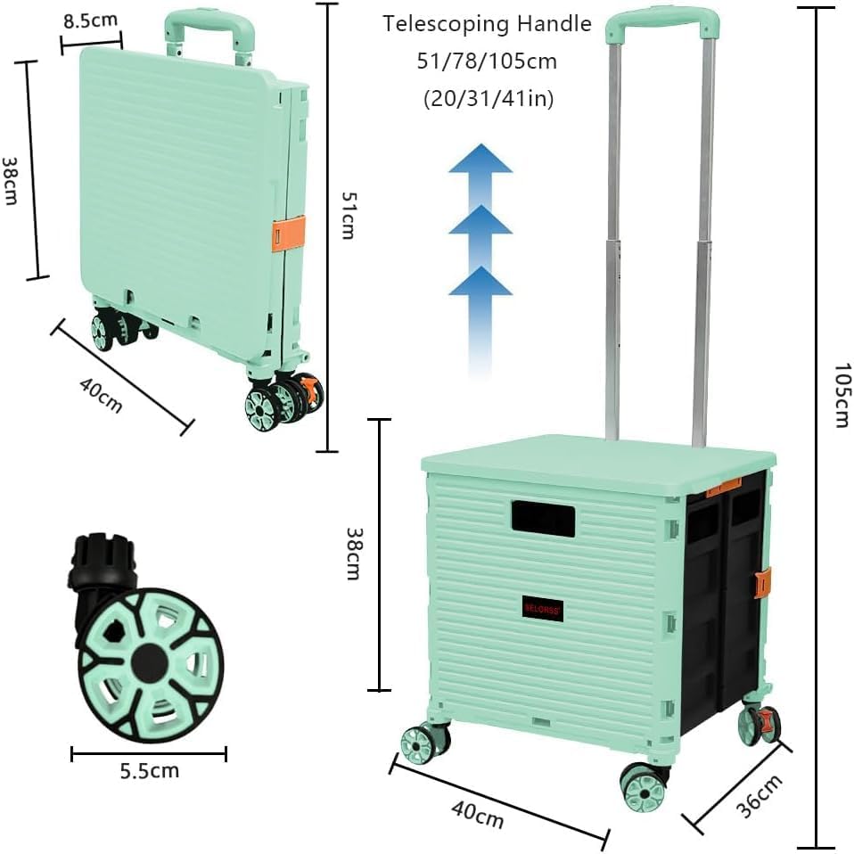 Foldable Utility Cart Portable Rolling Crate Handcart Shopping Trolley Collapsible 4 Rotate Wheels with Durable Heavy Duty Plastic Telescoping Handle for Travel Shopping Moving Storage Office Use - Image 7