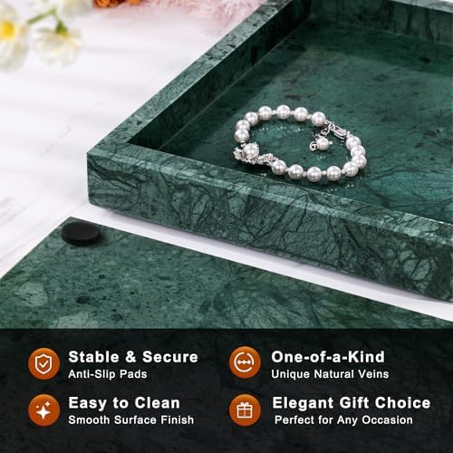 Marble Bathroom Tray for Countertop & Home Decor, Natural Decorative Marble Tray for Jewelry & Perfume Organizer, Luxury Stone Vanity Trays for Dresser, Kitchen Counter, 12" x 8", Green - Image 2