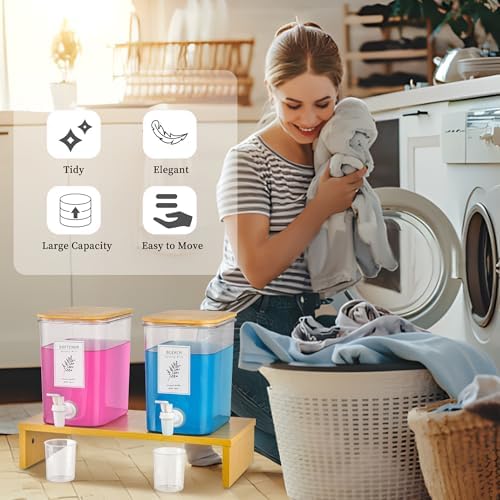 RoleDes Liquid Laundry Detergent Dispenser Set with Shelf and Bamboo Lids for Laundry Room Organization and Storage - 2 Pack 96 oz Laundry Containers for Laundry Soap, Fabric Softener - Image 6