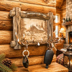 Rustic Log Cabin Style Key Hanger, Wall Mounted Key Holder with Deer Antler Hooks, with Laser Engraved Cabin and Buck Scene by Unknown