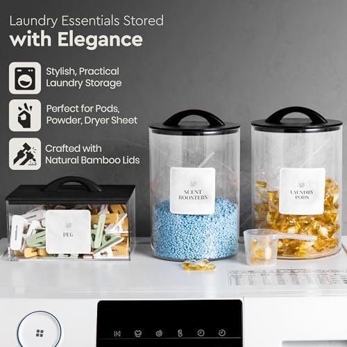 Laundry Pod Storage Container Set | Two 3L Glass Jars & One Acrylic Dryer Sheet Container with Bamboo Lids – Includes 2 Scoops, 60 Waterproof Laundry Labels – Dishwasher Safe - Image 5