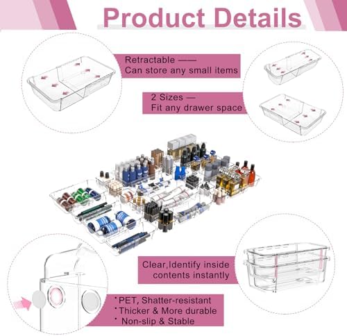 16 Pcs Extendable Clear Drawer Organizer, All Adjustable Vanity Storage Box, 2-Size Desk Drawer Organizer, Durable Storage Bins for Makeup, Cosmetic, Bedroom Dressers Tool Organizer for Gadgets - Image 3