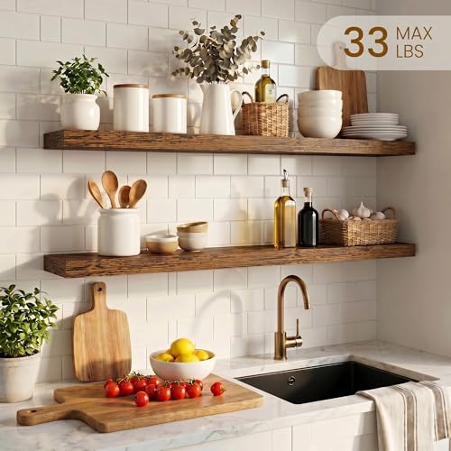 Dreamland 32inch Floating Shelves for Wall, Rustic Brown Floating Shelves for Bathroom|Bedroom|Kitchen, Deep Wall Mounted Book Shelf, Wood Storage Display Shelf for Home Decor, Set of 2 - Image 2