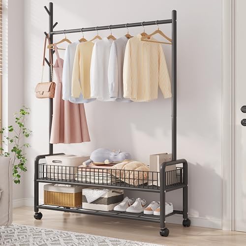 MYUPDALIN Rolling Metal Clothes Rack with Shelves & Storage Basket, Black by MYUPDALIN