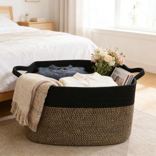 96L Laundry Basket with Handles, Extra Blanket Basket, Black/Jute - Image 4