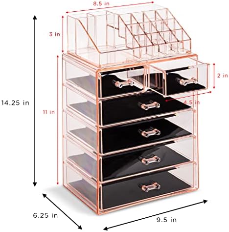 Sorbus Makeup Organizer, 6-Drawer Acrylic 2-Piece Set (Pink) - Image 3