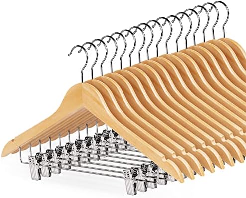 HOUÍSM Wooden Hangers with Clips 16 Pack, Suit & Pants Hangers, Natural by HOU%C3%8DSMHOME